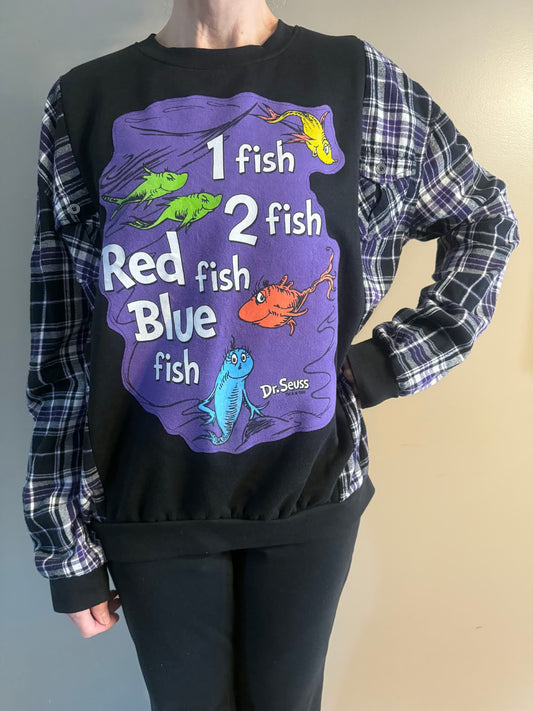 Upcycled Hoodie / Sweatshirt - One Fish Two Fish (XL)